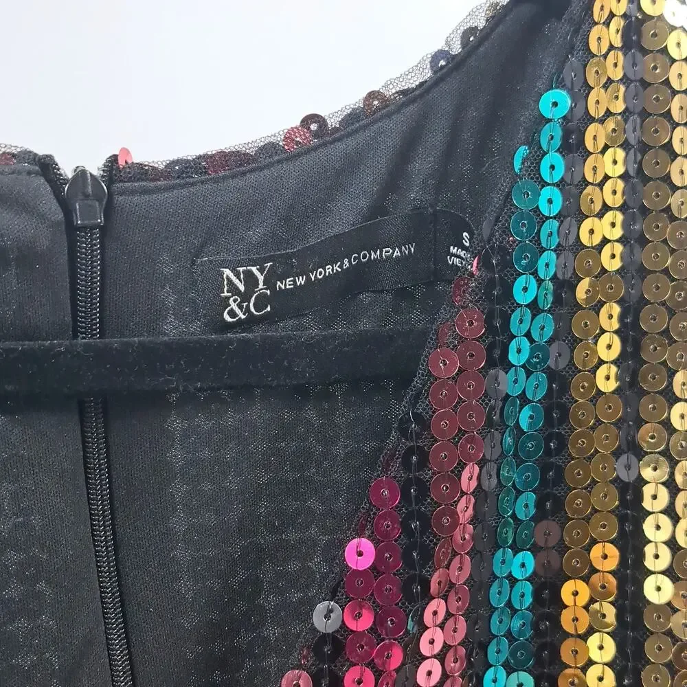 NWT New York & Company Dress S Full Sequin Surplice Flutter Sleeve Party Rainbow